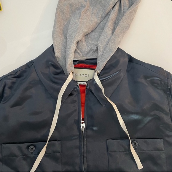 Gucci Dark Blue Satin Jacket with Light Gray Hood